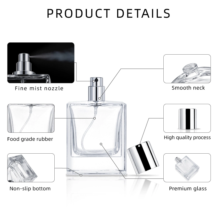 Wholesale 30ml 50ml Customized Clear Glass Square Perfume Spray Bottle Wihte Fine Mist Pump