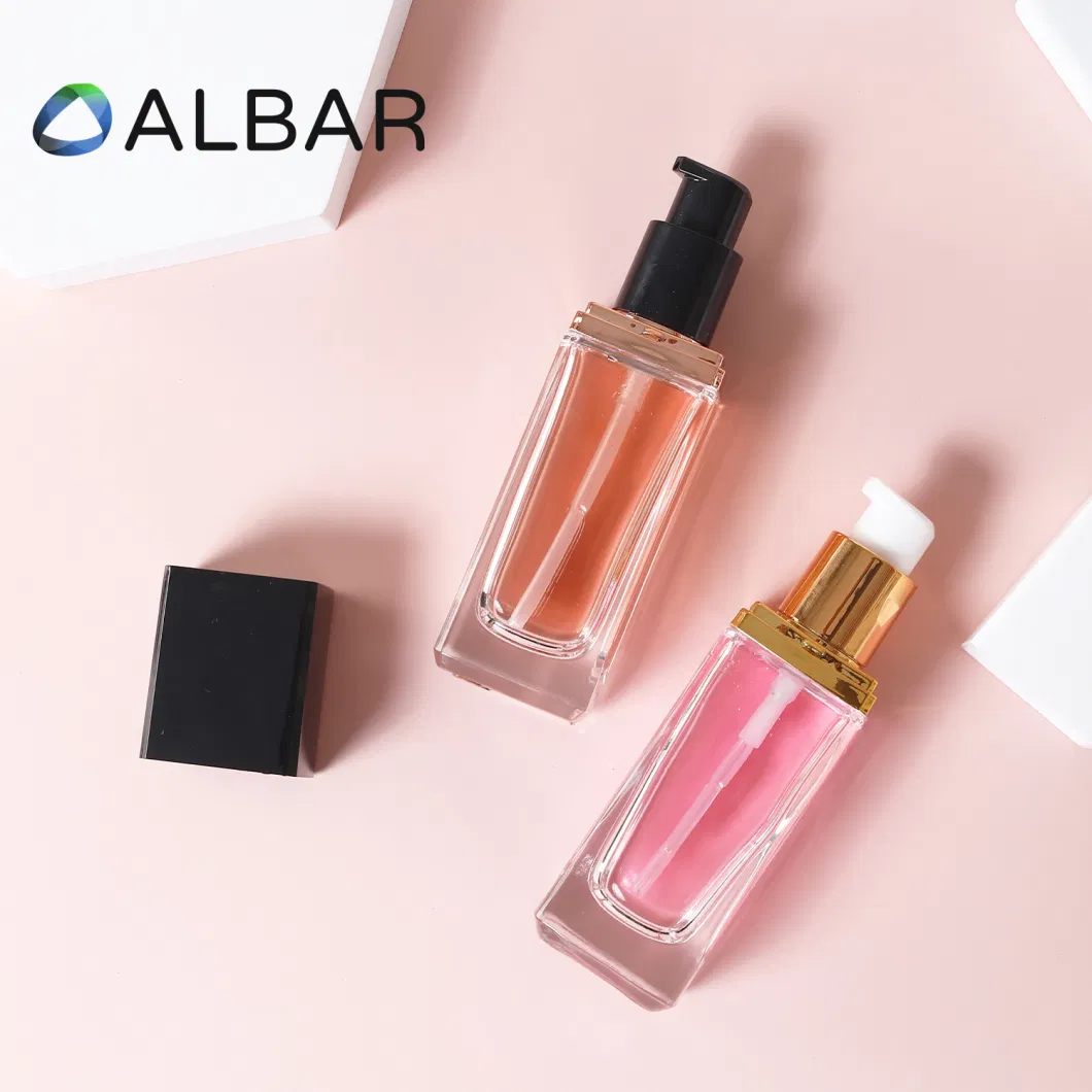 20ml 30ml Clear and Frosted Customize Makeups Foundation Crystal Glass Perfume Cosmetics Bottle with Press Pump or Spray in Rectangular Square Shape Portable