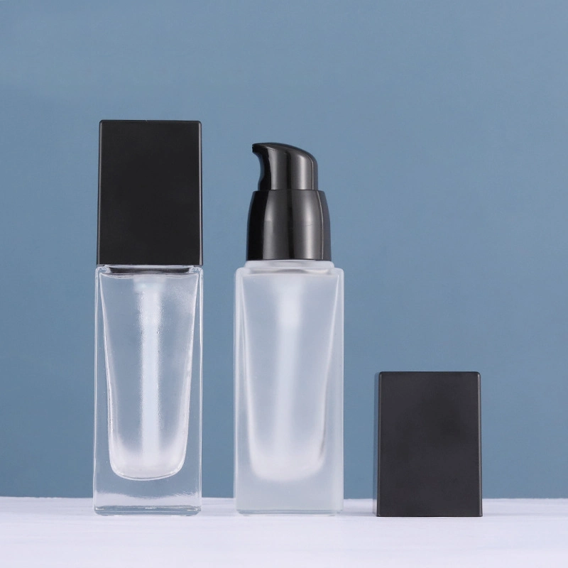 30ml Lotion Cosmetic Packaging Frosted Square Foundation Glass Bottle with PP Pump