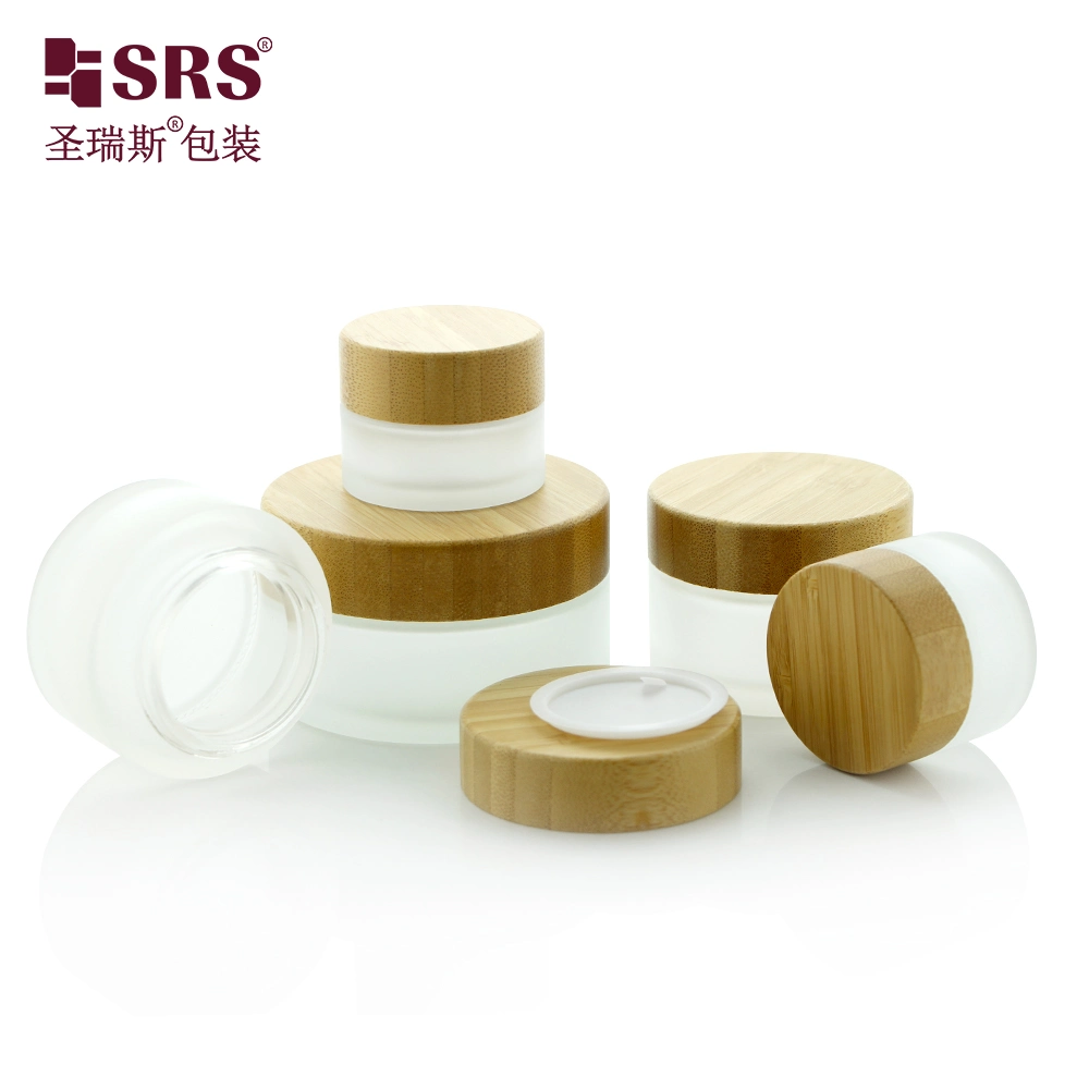 Cosmetic Wholesale Round Square Clear Amber Empty Cosmetic Skincare Packaging 1oz 2oz15g 30g 50g Bamboo Lid Mask Makeup Frosted Glass Cream Sample Mini Nail Jar