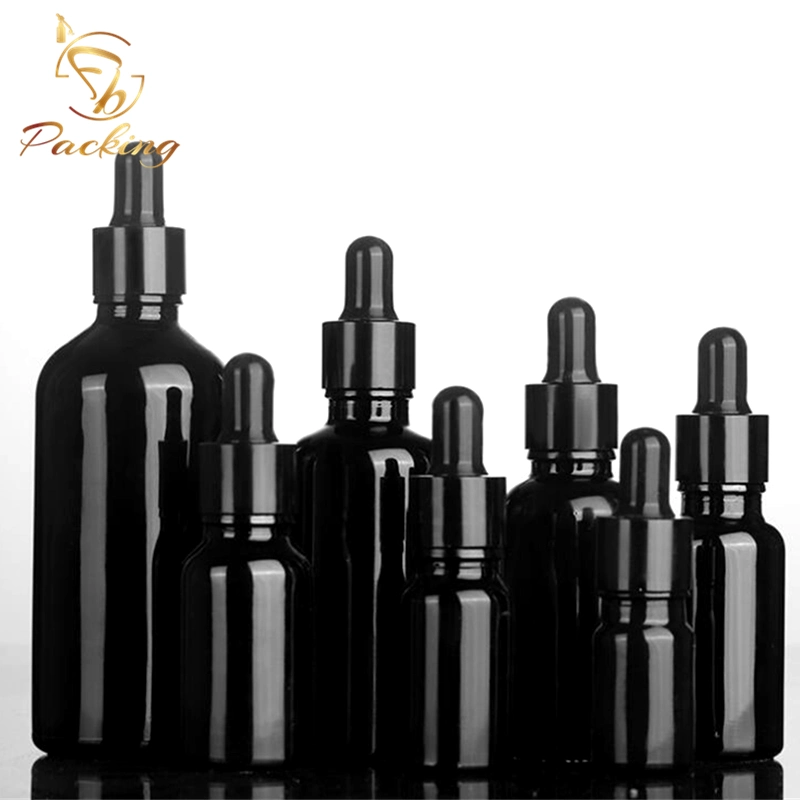 High Light-Proof 5ml 10ml 15ml 20ml 30ml 50ml 100ml Shiny Solid Black Glass Dropper Bottle with Gold Aluminum Cap Dropper for Special Cosmetic Essential Oil