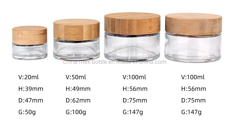 20ml 50ml 100ml Clear Glass Cream Jar with Bamboo Wood Cap