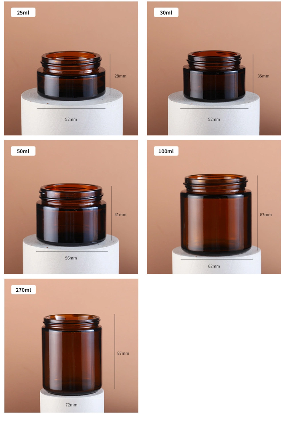 Cosmetic 5g 10g 30g 50g 100g Lotion Face Containers Round Amber Color Glass Cream Jar with Black Gold Cap